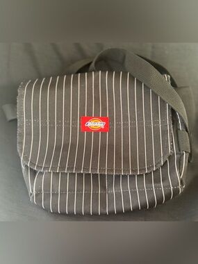 Dickies Black Pinstripe Flap Crossbody with Red Logo Patch